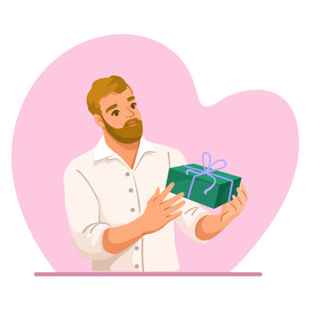 Man holding a gift box with curiosity and happiness. Vector illustrationのイラスト素材