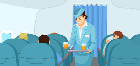 Flight attendant serving drinks to passengers on airplane. Vector illustrationのイラスト素材