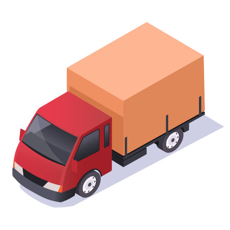 Isometric red delivery truck with cargo box on white background. Vector illustrationのイラスト素材