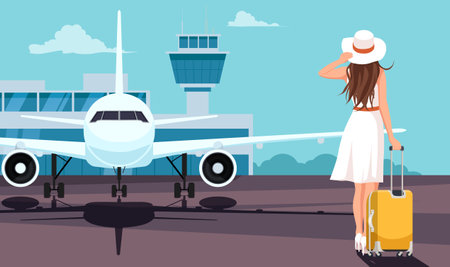 Woman in white dress with suitcase at airport runway. Vector illustrationのイラスト素材