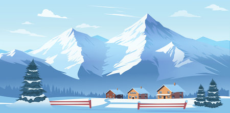 Snowy mountain landscape with cozy houses in winter. Vector illustrationのイラスト素材