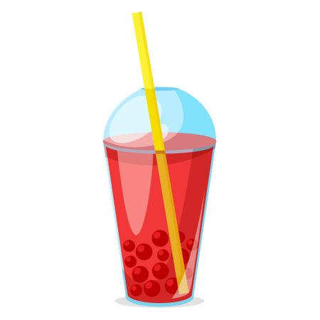 Bubble tea with red liquid in plastic cup and yellow straw. Vector illustrationのイラスト素材