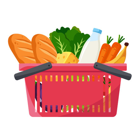 Shopping basket filled with fresh groceries on white background. Vector illustrationのイラスト素材