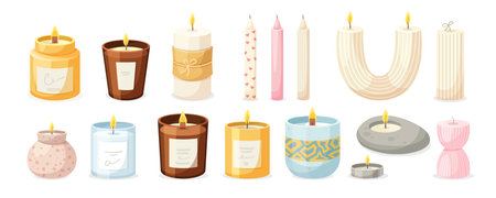Decorative candle set with various shapes and holders. Vector illustrationのイラスト素材