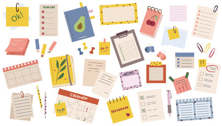 Stationery set with notebooks, calendars, and notes on white background. Vector illustrationのイラスト素材