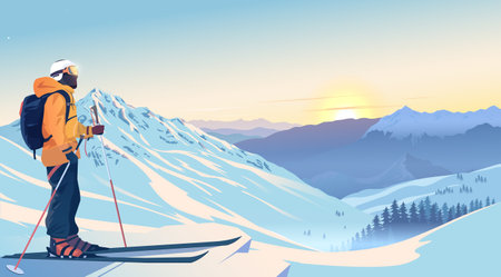 Skier enjoying mountain sunrise in winter landscape. Vector illustrationのイラスト素材