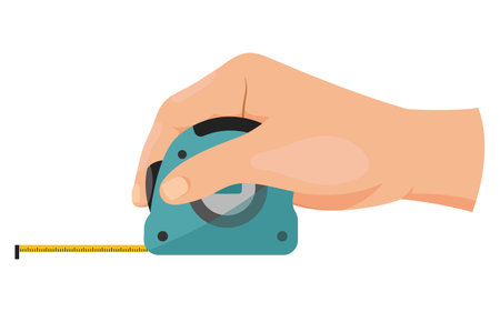 Hand holding a tape measure on white background, tool concept illustration. Vector illustrationのイラスト素材