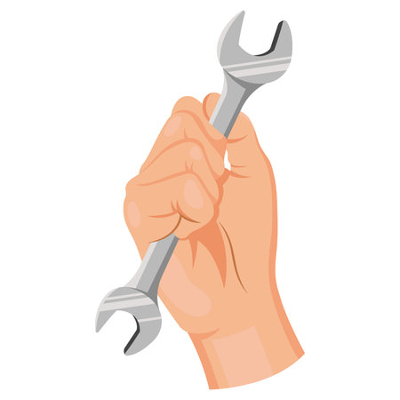 Hand holding metallic wrench tool symbolizing labor and repair work. Vector illustrationのイラスト素材