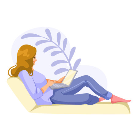 Woman relaxing on couch while working with laptop in casual outfit. Vector illustrationのイラスト素材