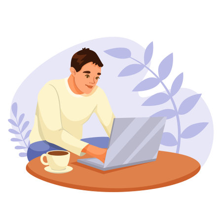 Man working on laptop with coffee at table and leaves in background. Vector illustrationのイラスト素材