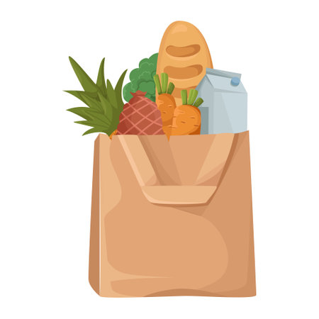Grocery bag full of food items including bread and vegetables. Vector illustrationのイラスト素材