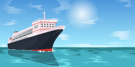 Cruise ship on ocean under sunny sky with clouds in flat style. Vector illustrationのイラスト素材