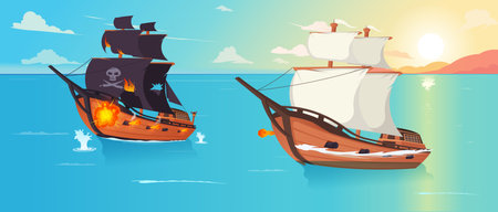 Pirate ship battle at sea during sunset. Vector illustrationのイラスト素材