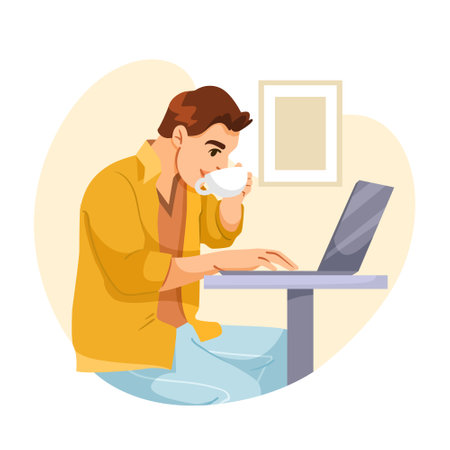 Freelancer working on laptop while drinking coffee in a cafe setting. Vector illustrationのイラスト素材