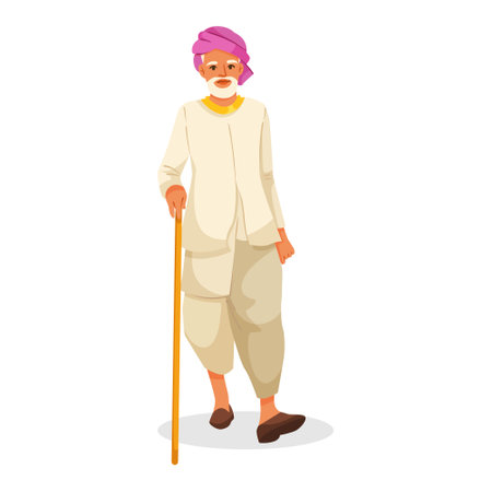 Elderly man in traditional attire with a walking stick standing calmly. Vector illustrationのイラスト素材