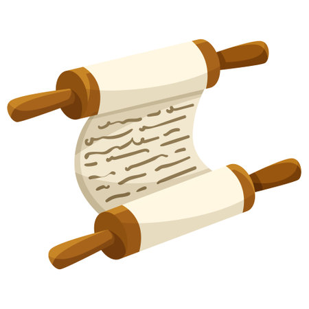 Ancient scroll with wooden rods in cartoon style on white background. Vector illustrationのイラスト素材