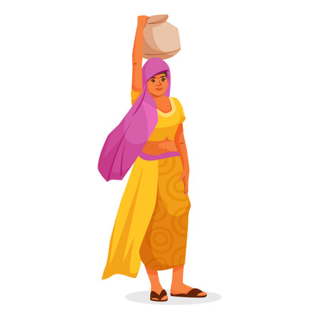 Traditional Indian woman carrying pot on head in ethnic attire outdoors. Vector illustrationのイラスト素材