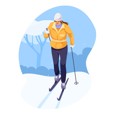 Woman cross-country skiing in winter forest landscape in flat style. Vector illustrationのイラスト素材