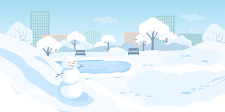Snowman in snowy park with city buildings in background during winter season. Vector illustrationのイラスト素材