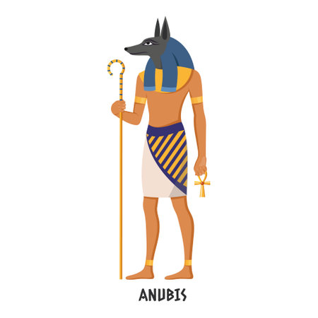 Ancient Egyptian god Anubis with staff and ankh symbol on white background. Vector illustrationのイラスト素材