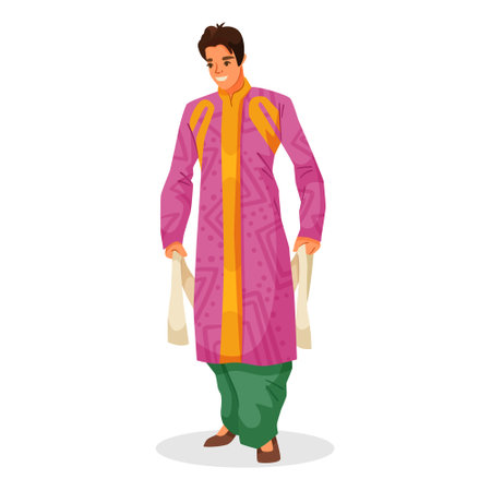 Man wearing traditional festive Indian outfit with pink and green colors. Vector illustrationのイラスト素材