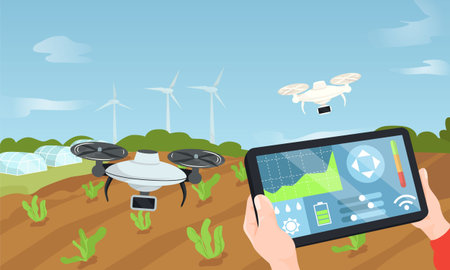 Smart farming with drones and digital tablet in green energy field. Vector illustration