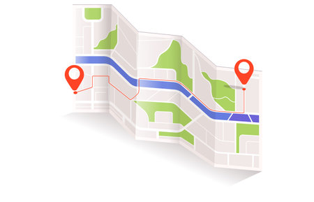 Isometric folded map with location pins and route path marked clearly. Vector illustrationのイラスト素材