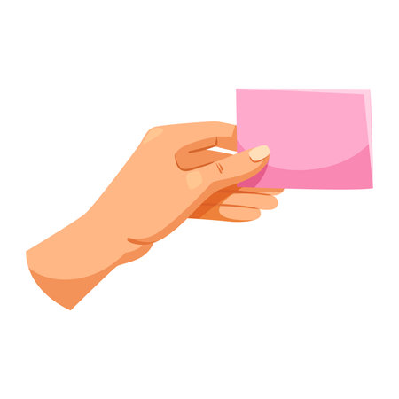 Hand holding pink sticky note on white background in cartoon style. Vector illustrationのイラスト素材