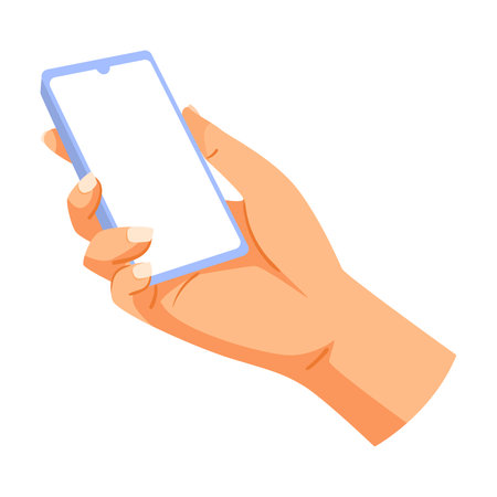 Hand holding smartphone with blank screen on white background. Vector illustrationのイラスト素材