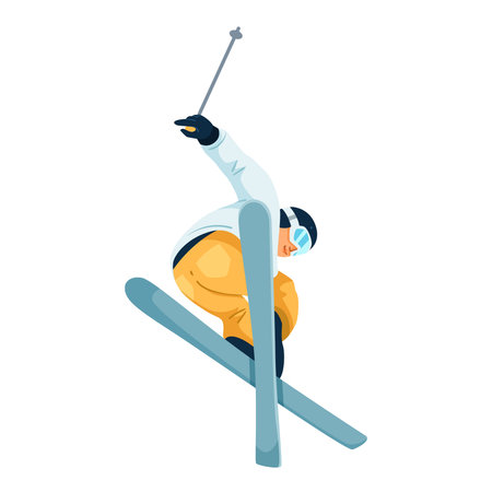 Freestyle skier jumping with crossed skis in mid-air on white background. Vector illustrationのイラスト素材