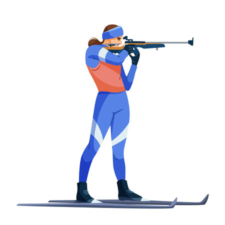 Biathlon skier aiming with rifle in winter sportswear on skis. Vector illustrationのイラスト素材