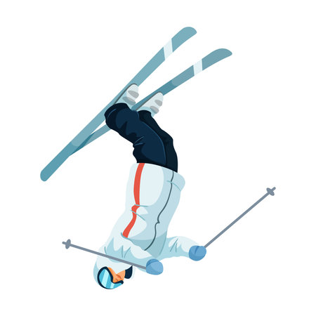 Freestyle skier flipping upside down in mid-air on white background. Vector illustrationのイラスト素材