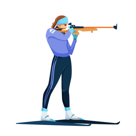 Female biathlete aiming rifle during winter sport competition event. Vector illustrationのイラスト素材