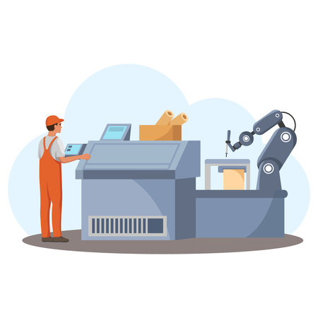 Worker operating robotic machine in automated industrial process setup. Vector illustrationのイラスト素材