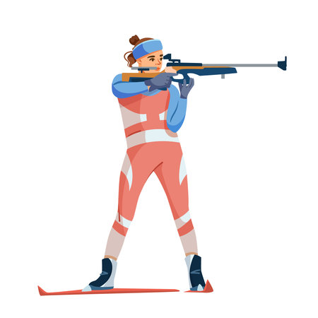 Female biathlon skier aiming with rifle in winter sport outfit. Vector illustrationのイラスト素材