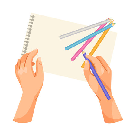 Hands drawing with colored pencils on paper, top view concept illustration. Vector illustrationのイラスト素材