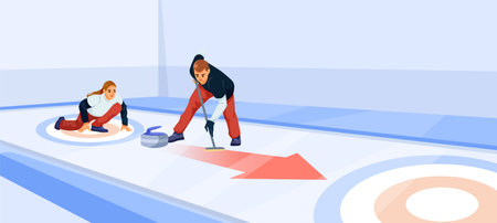 Curling players sweeping and sliding stone on ice rink during match. Vector illustrationのイラスト素材