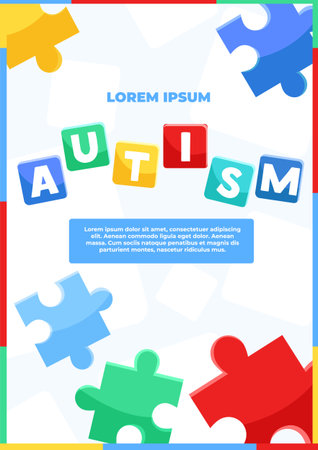 Colorful autism awareness concept with puzzle pieces and letter blocks. Vector illustrationのイラスト素材