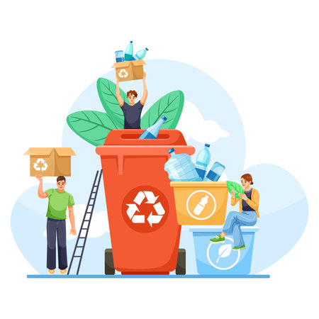 People recycling plastic bottles into colored bins with eco symbols. Vector illustrationのイラスト素材
