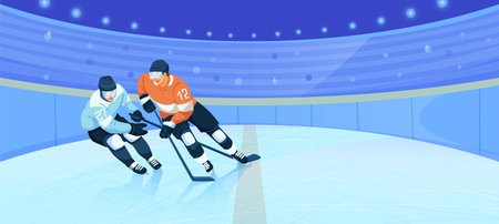 Two ice hockey players competing in a match on a rink in stadium. Vector illustrationのイラスト素材