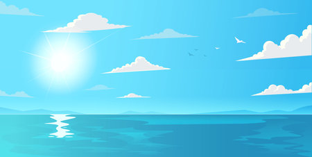 Sunny ocean landscape with clouds and birds in minimalist style. Vector illustrationのイラスト素材