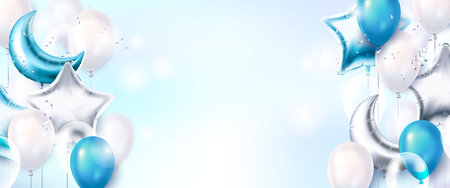 Blue and white balloons with stars and moons on light background. Vector illustrationのイラスト素材