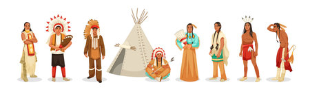Native American people in traditional clothing with tent on white background. Vector illustrationのイラスト素材