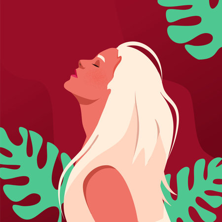 Woman with closed eyes surrounded by tropical leaves on red background. Vector illustrationのイラスト素材