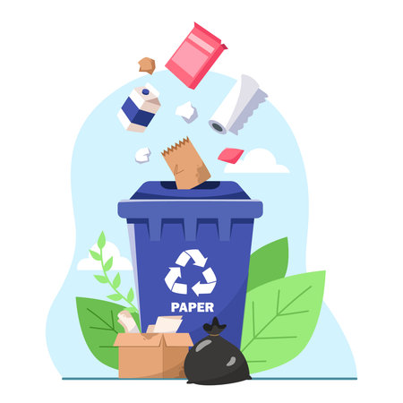 Paper recycling bin with waste and garbage items in eco-friendly concept. Vector illustrationのイラスト素材