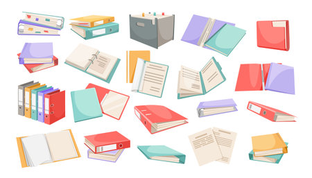 Set of colorful books and folders in flat cartoon style on white background. Vector illustrationのイラスト素材