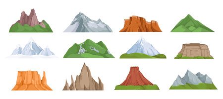 Set of various mountain types in flat cartoon style on white background. Vector illustrationのイラスト素材