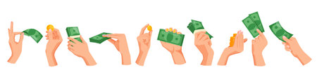 Set of human hands holding money and coins in various gestures. Vector illustrationのイラスト素材