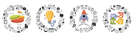 Business and startup concept icons with graphs, rocket and puzzle pieces. Vector illustrationのイラスト素材