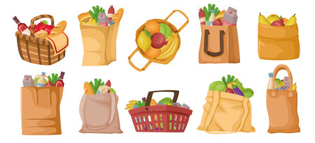 Grocery bags and baskets filled with food items on white background. Vector illustrationのイラスト素材
